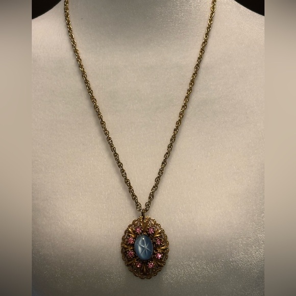 Vintage Star Glass Pendant Necklace Blue Cabochon Pink Rhinestones - Picture 2 of 7